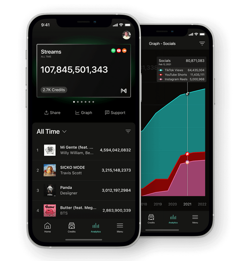 Muso.AI analytics — lifetime streams, top tracks and social graphs in the app