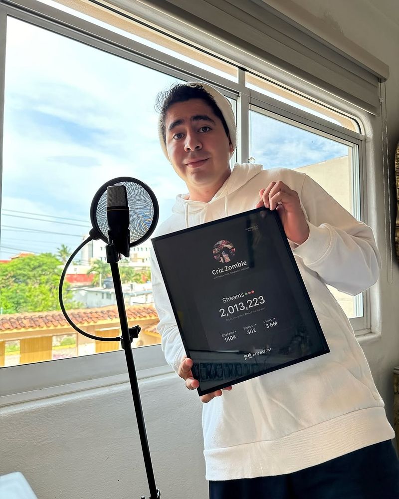 Muso.AI streams plaque held in a home studio